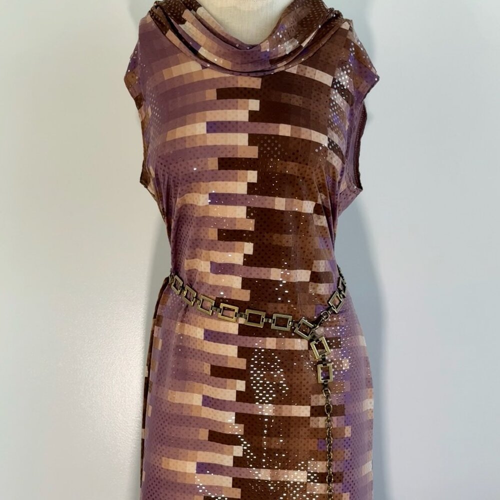 Purple Brown Sparkly Dress W neck Drape - Ninety